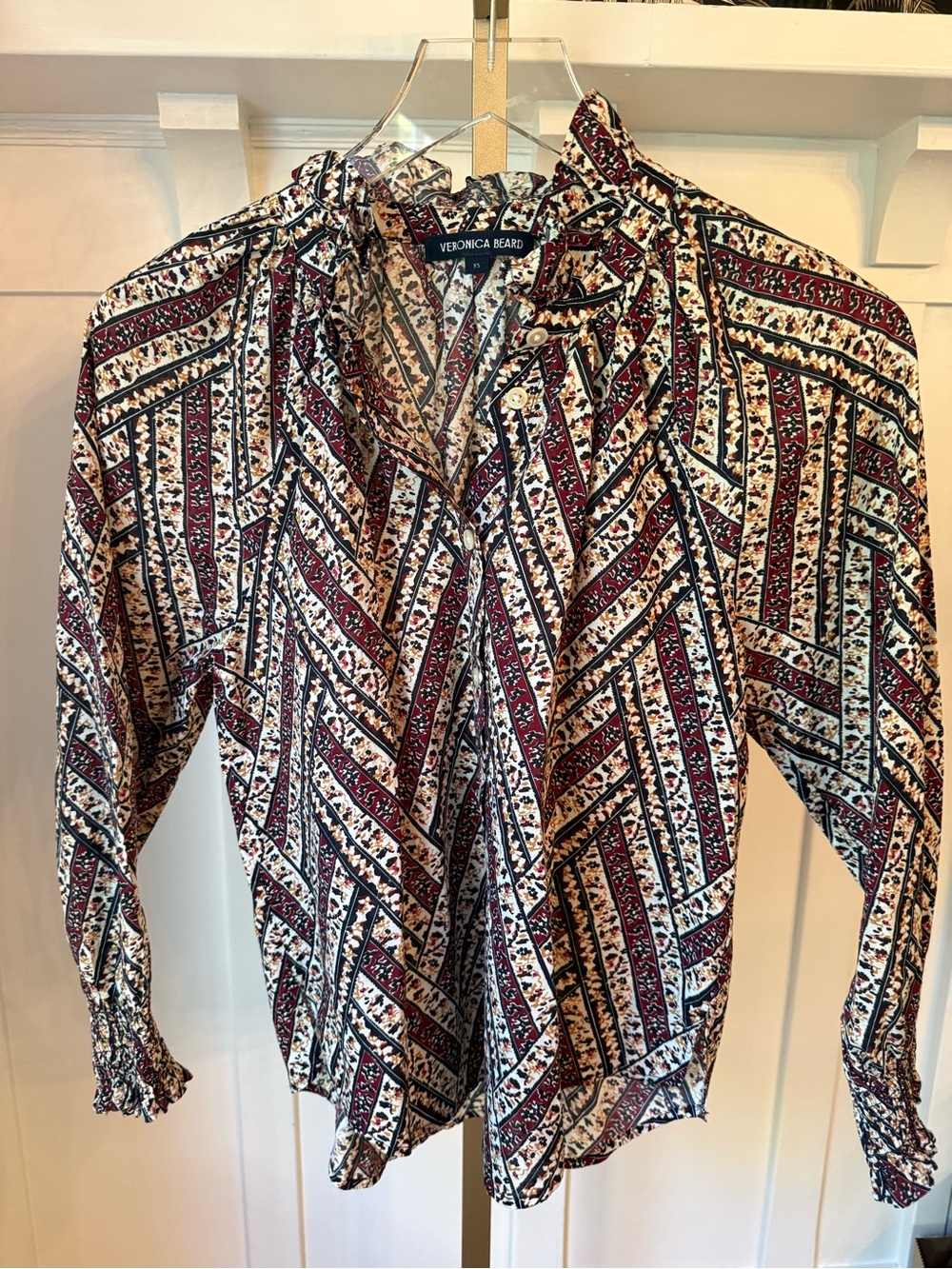 Veronica Beard Burgundy, Black & Cream Printed Button Blouse